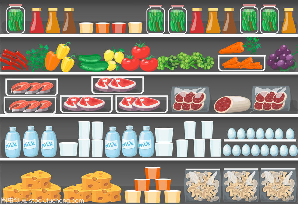貨架上的產品。矢量食品超市